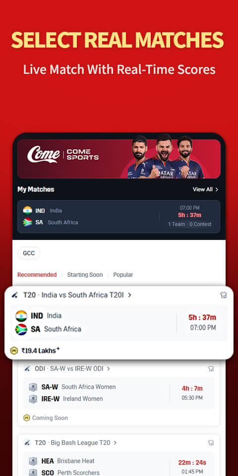 Come app screen listing cricket matches
